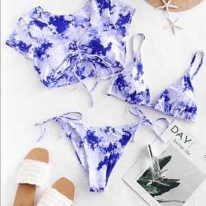 tie dye cinched three piece swimsuit